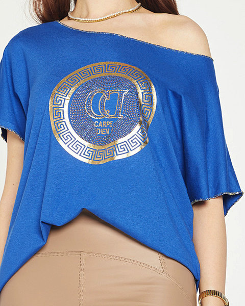 Кобальтово-синя жіноча футболка з золотим принтом
