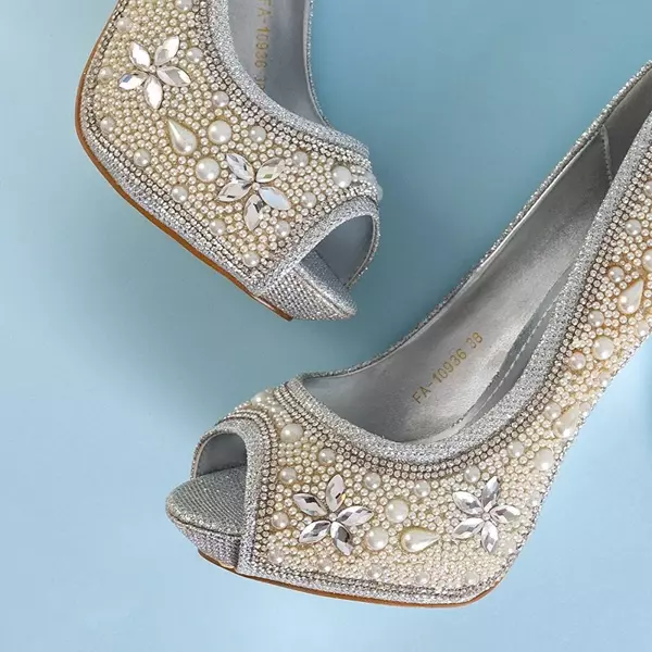 OUTLET Срібні жіночі парчані туфлі з цирконами та перлинами Gitana - взуття