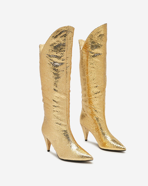 OUTLET Золоті жіночі чоботи на шпильці з тисненням Elivea- Взуття