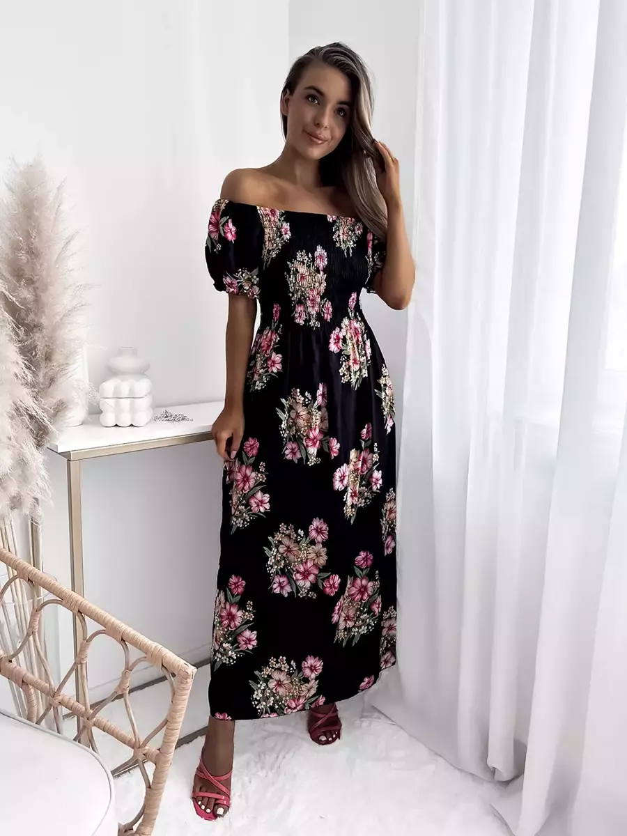 Жіноча чорна сукня міді з квітковим візерунком - Одяг