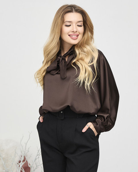 Жіноча темно-коричнева довга атласна блуза на зав'язках - Одяг