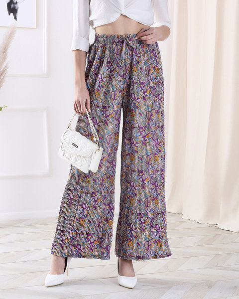 Жіночі брюки з візерунком на широких штанинах фіолетового кольору - Одяг
