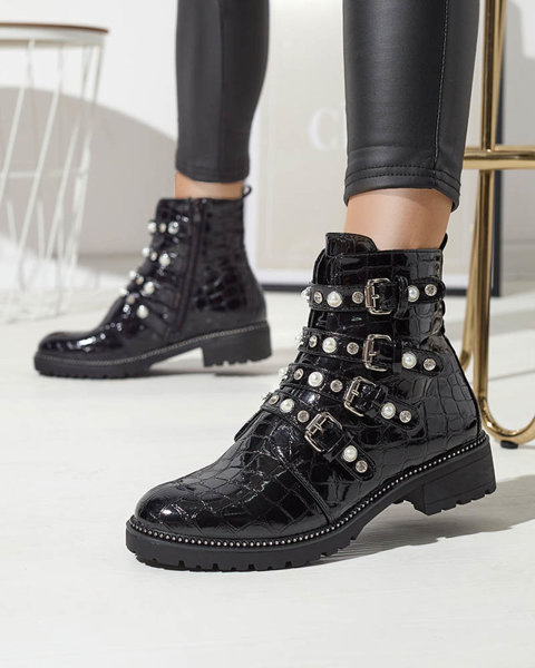 Жіночі чоботи з перловими ремінцями чорного кольору Miaretto- Взуття