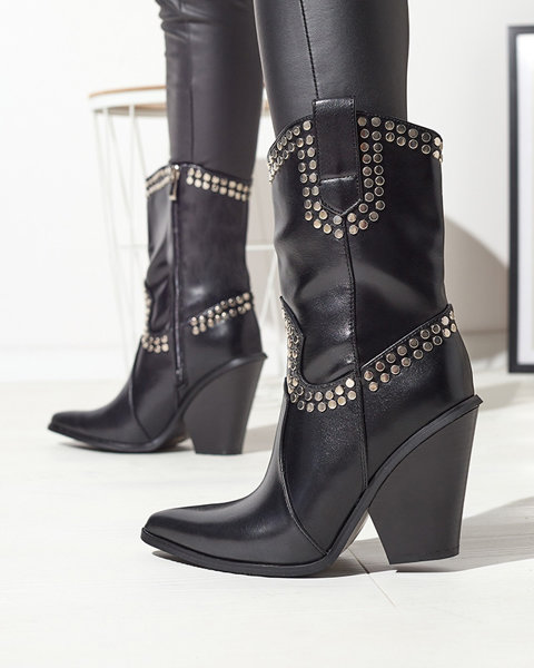 Жіночі чорні чоботи ковбойки на стійці зі сріблястими стразами Daksiti - Взуття